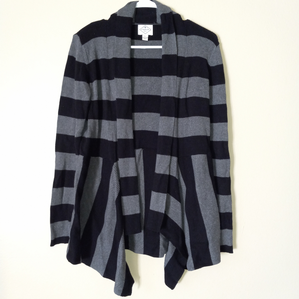 ST. JOHN'S BAY Striped Black and Charcoal-Gray Waterfall Sweater Women's L